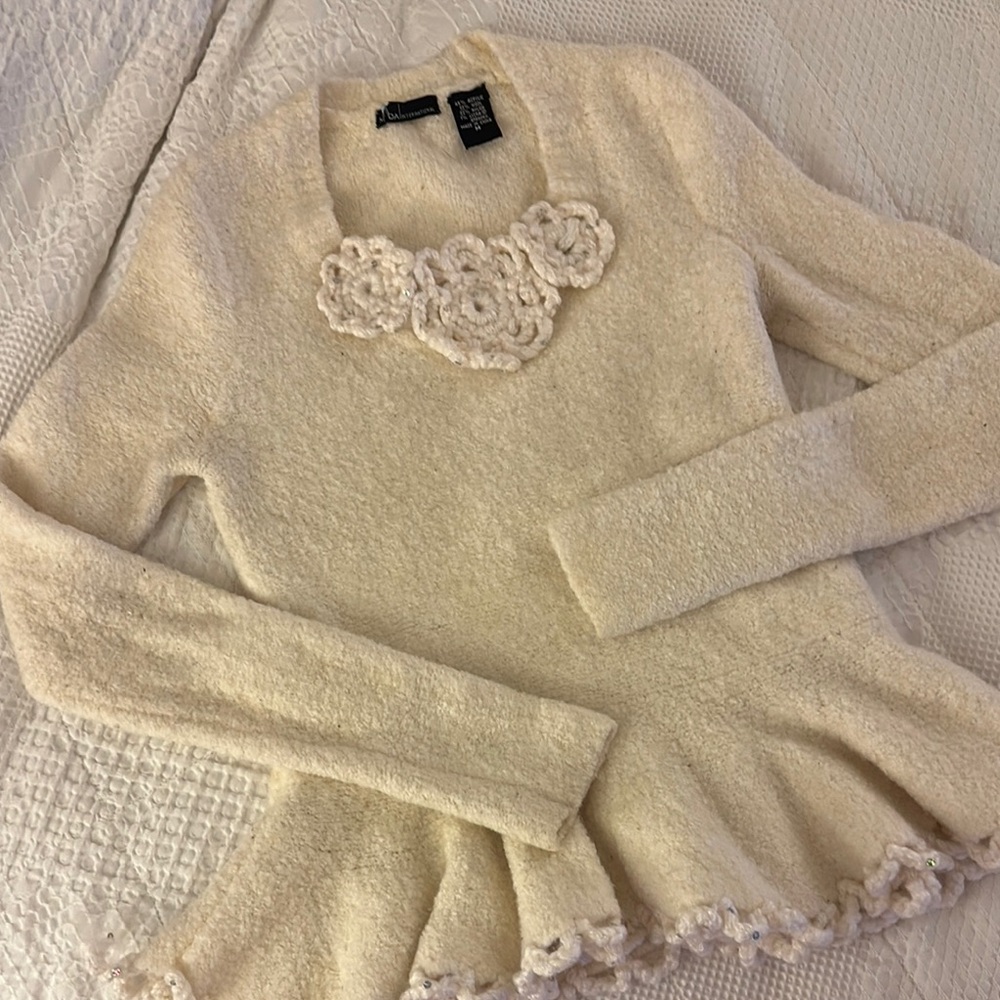 Moda Intenational Peplum Cream Crew Neck Sweater with Textured Elegance